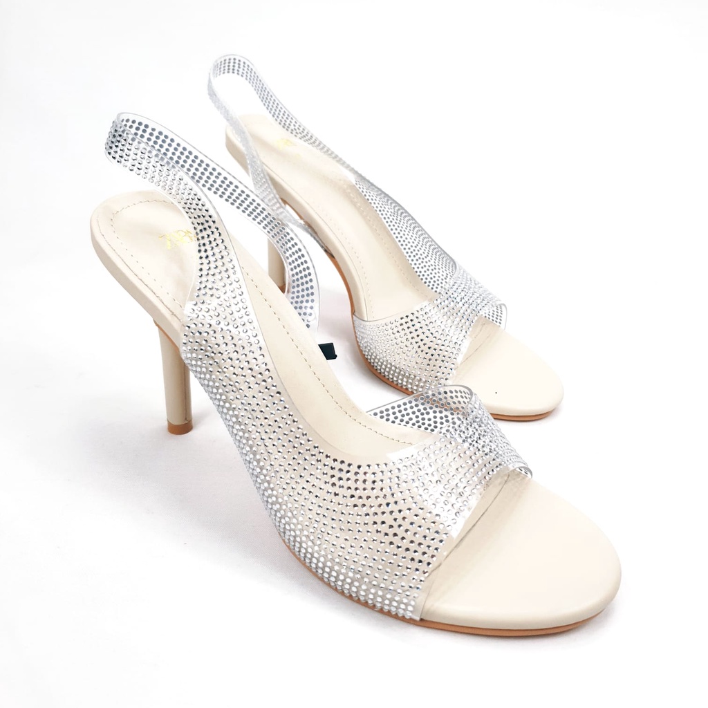 SANDAL WANITA ZS-3596 GLITTER TRANSPARNT HEELS 9CM WHITE