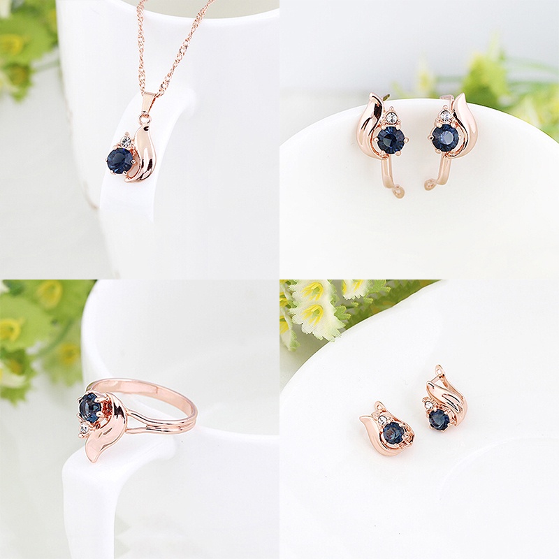 Set Perhiasan Wanita,Kalung Rantai Liontin + Anting Tusuk + Cincin Lapis Emas