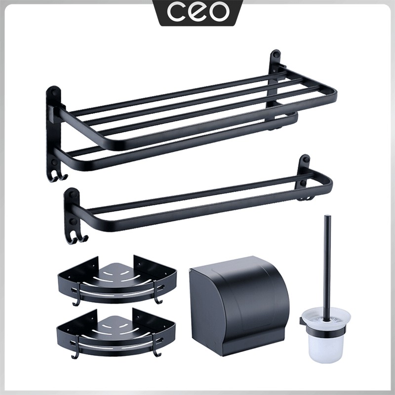 CEO Set Rak Gantung Kamar Mandi Warna Hitam 1 Set Isi 5 Sikat Wc Dan Tempat Tisu Kamar Mandi