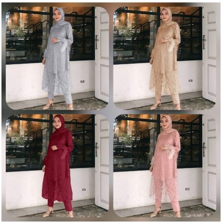 SHALOM ONE SET UKURAN L XXL - SETELAN 2IN1 ATASAN WANITA LONG TUNIK BROKAT DAN CELANA JUMBO TERBARU 