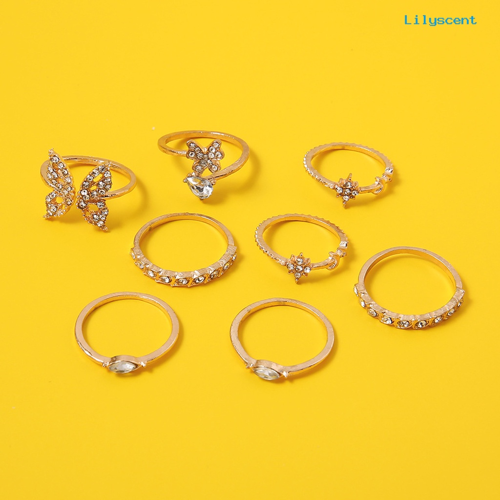 8pcs Cincin Knuckle Desain Kupu-Kupu Bunga Aksen Berlian Imitasi Untuk Wanita Element