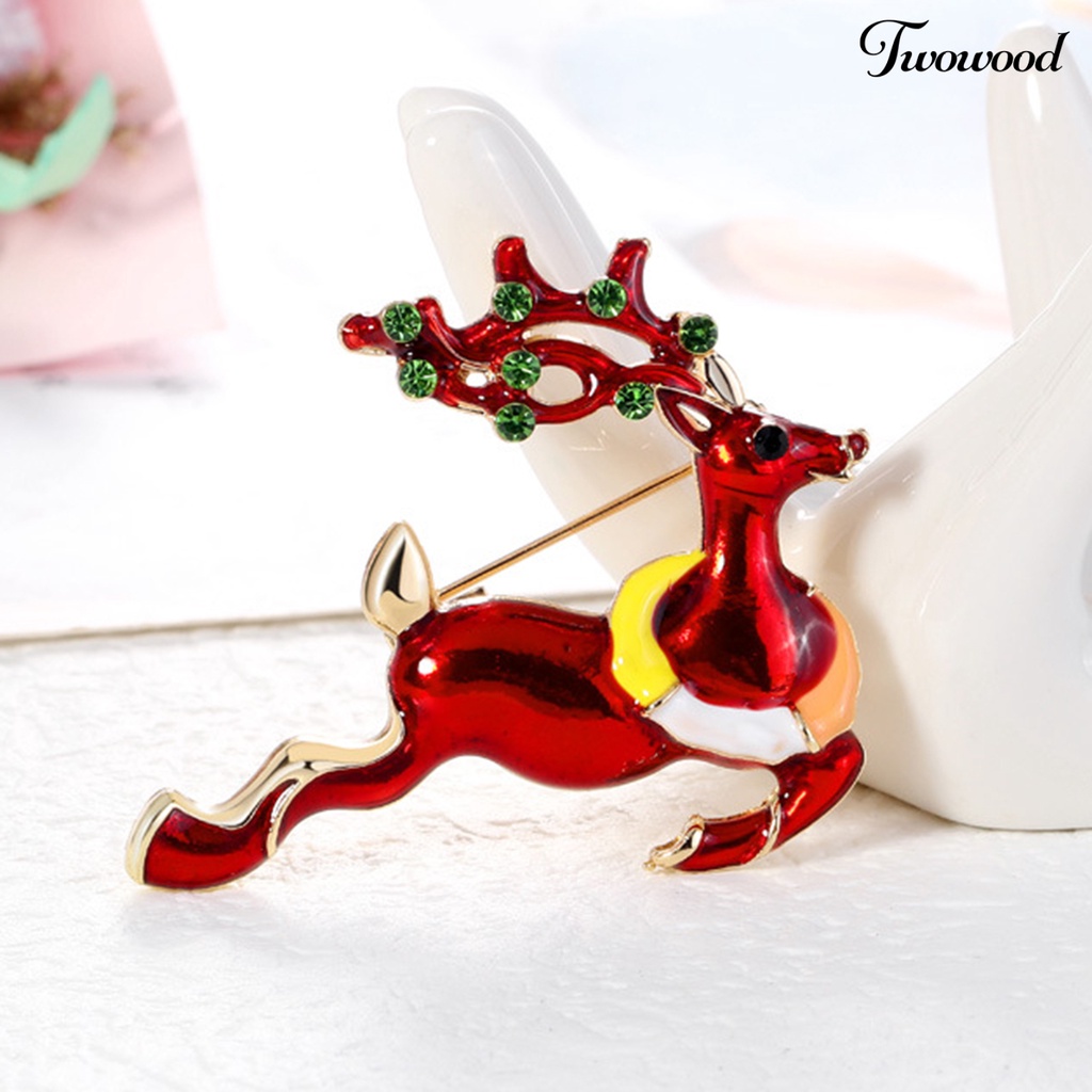 Twowood Christmas Deer Shape Brooch Pin Rhinestone Alloy Cute Animal Elk Red Enamel Pin Friends Gift