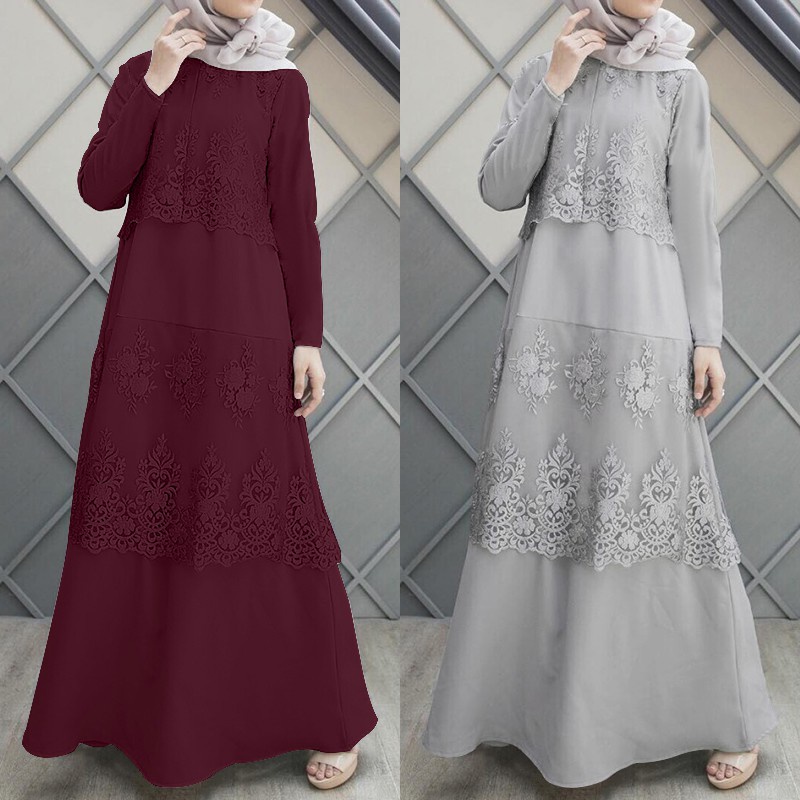 ZANZEA Women O Neck Long Sleeve Lace Stitching Muslim Long Dress