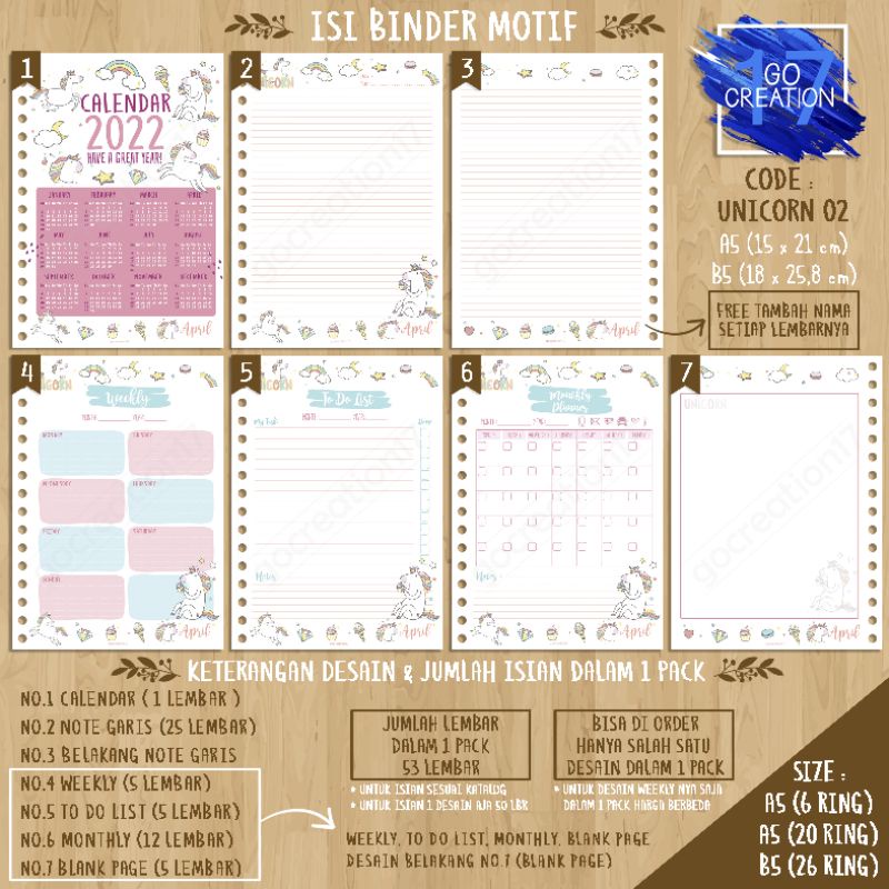 

Buku Planner isi Kertas Binder Motif Unicorn 02 Premium A5 ring 20 dan A5 ring 6