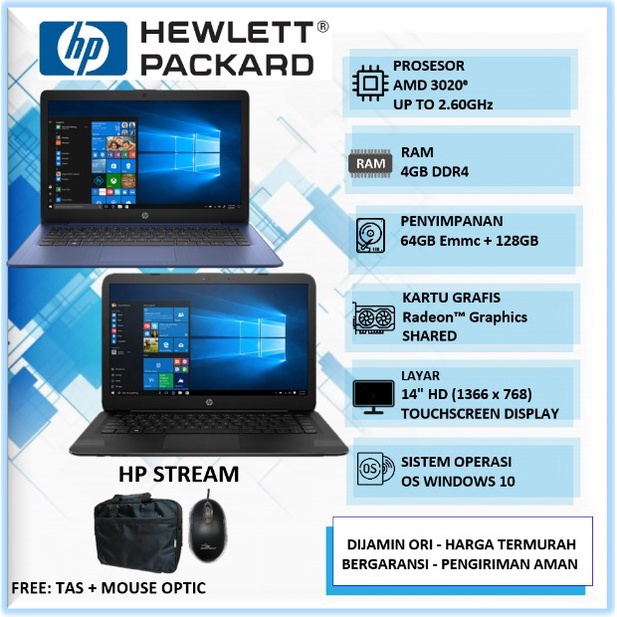 Laptop Murah HP Stream 14 AMD 3020E 4GB 64GB 128GB 14" Touchscreen Win10Home
