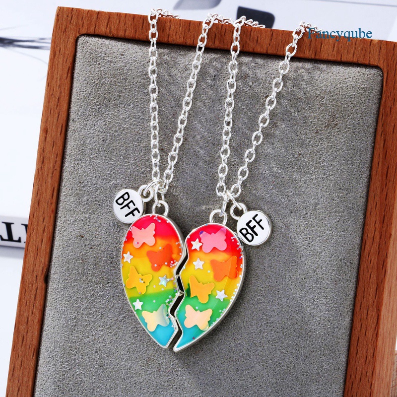Fancyqube 2pcs / Set Kalung Rantai Dengan Liontin Bentuk Hati Warna Gradasi Untuk Teman