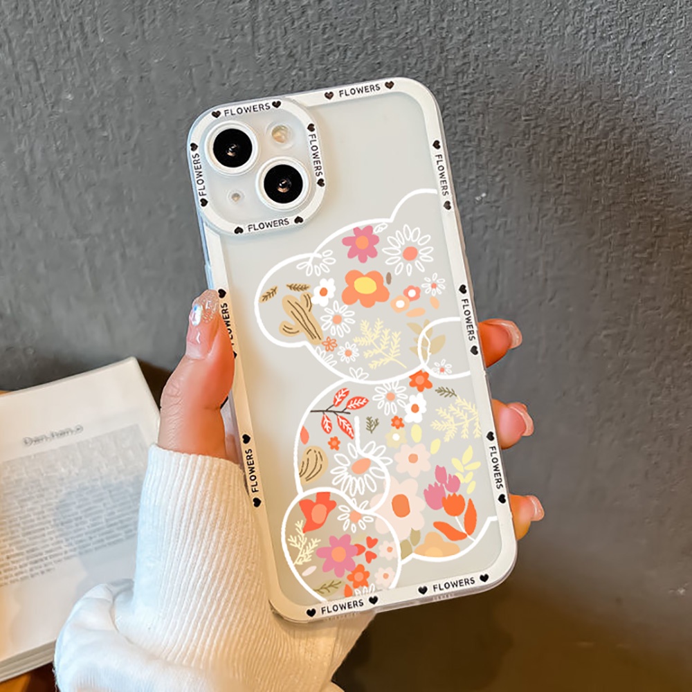 Soft Case Silikon Motif Bunga / Beruang Untuk iPhone 13 12 11 Pro Max X XR XS Max 7 8 Plus SE 2020