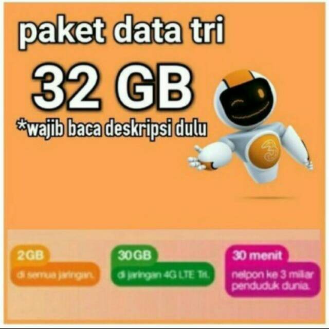 PAKET ISI ULANG KUOTA TRI 3 THREE 32GB (2GB All + 30GB 4G) + Telp 30mnt All