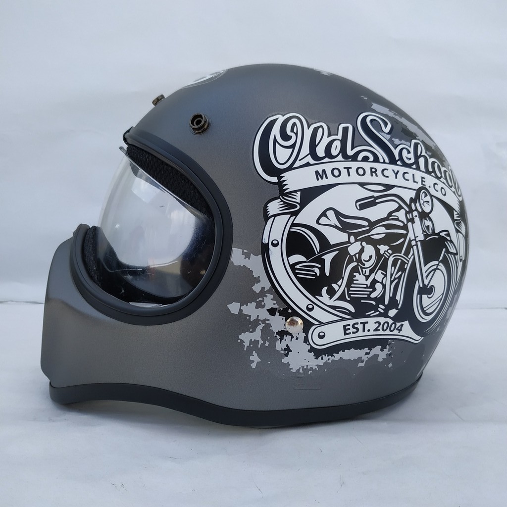 Helm Cakil HBC Old School Grey + Inner Visor Chrome ( Fullface / Retro / Klasik / Vespa )