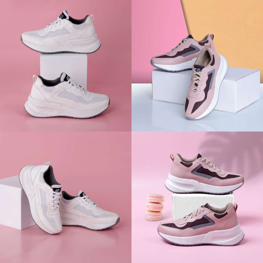 Sepatu Wanita Sport Shoes Casual Sneakers Tinggi Putih Pink Hitam Eco Material Kombinasi Mesh Kuzatura Original Sol 5cm