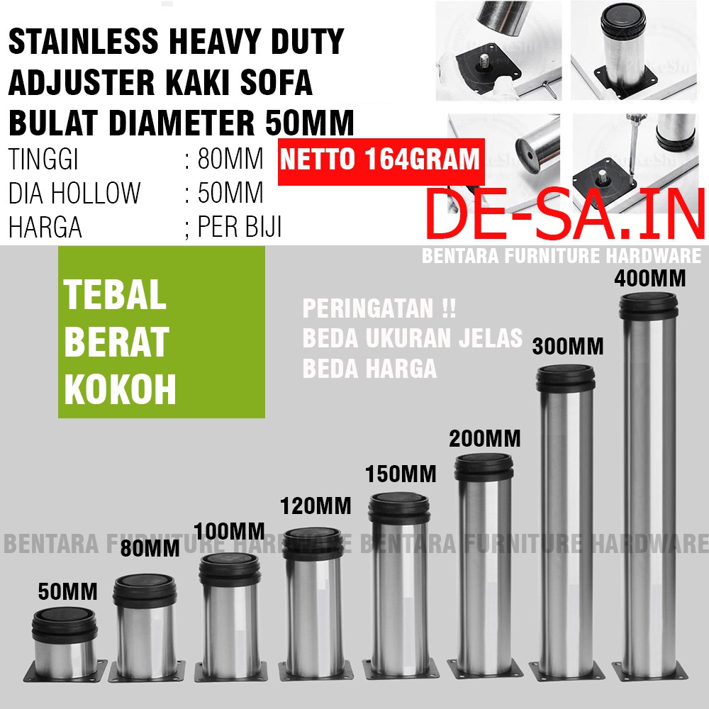 8 CM Kaki Meja Sofa 80MM - Silinder Bundar 50MM High Quality Adjustable Stainless Steel Table Leg (Tinggi 8CM = 80 MM)