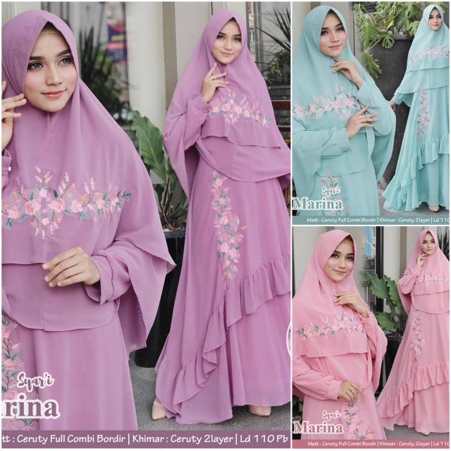 Humaira99 Gamis syari maxi busui ceruty mix bordir jahit set jilbab syari Marina