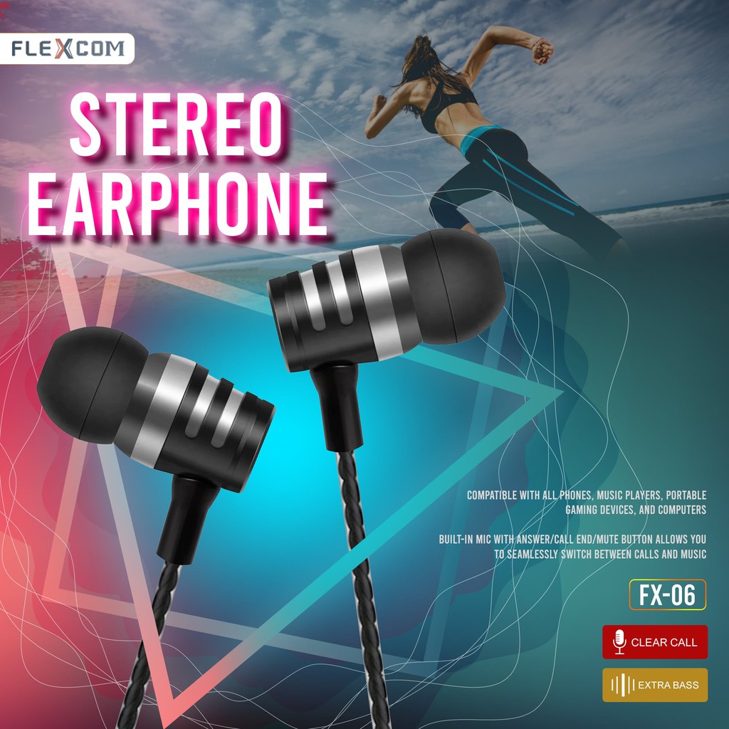 Headset Handfree FLEXCOM FX-06 by FLECO Earphone Extra Bass Double Speaker Stereo 3.5MM Wired Head Phone Murah with Mic