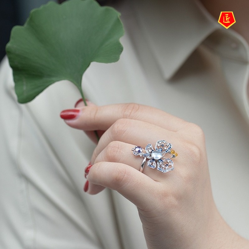 [Ready Stock]Women's Fashionable Elegant Emerald Sapphire Butterfly Ring