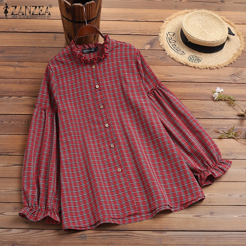 ZANZEA Women Full Sleeved Plaid Check Puff Sleeved Blouse Loose Autumn Shirts