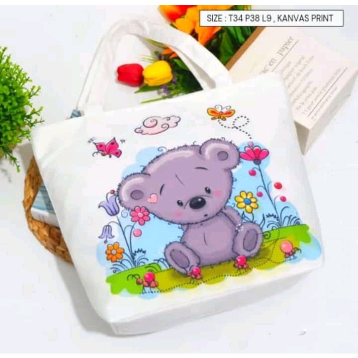 SANSURBAGS [COD] Tote Bag Karakter Abstrak Bunga TOTEBAG SEKOLAH Gambar Lucu Tas Tote Murah Kanvas Ada Resleting