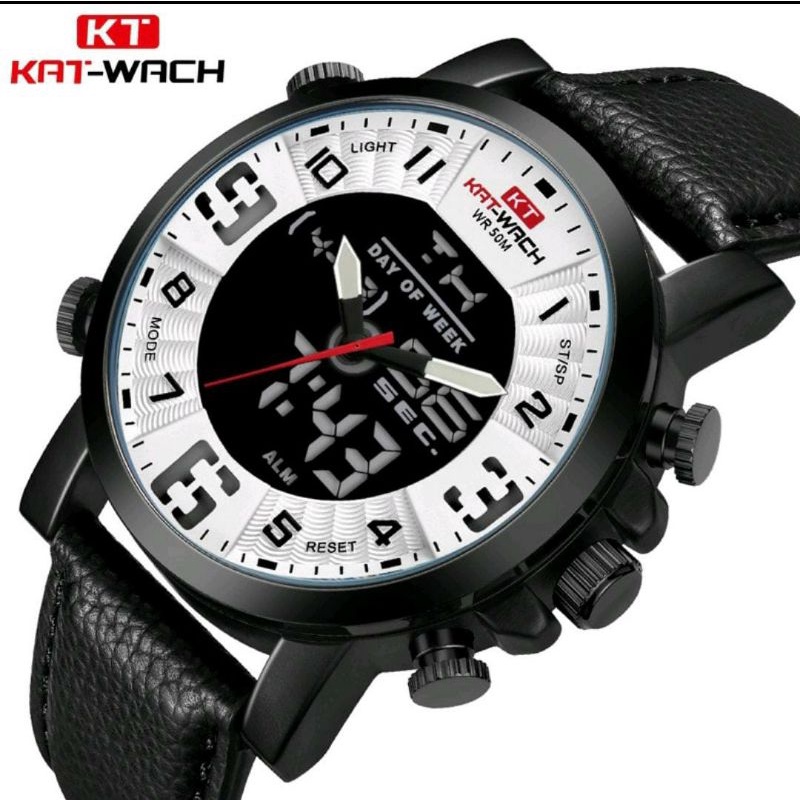 0KAT-WACH KT1845 Jam Tangan Pria Digital Analog Tali Kulit Luminous CURRENOS