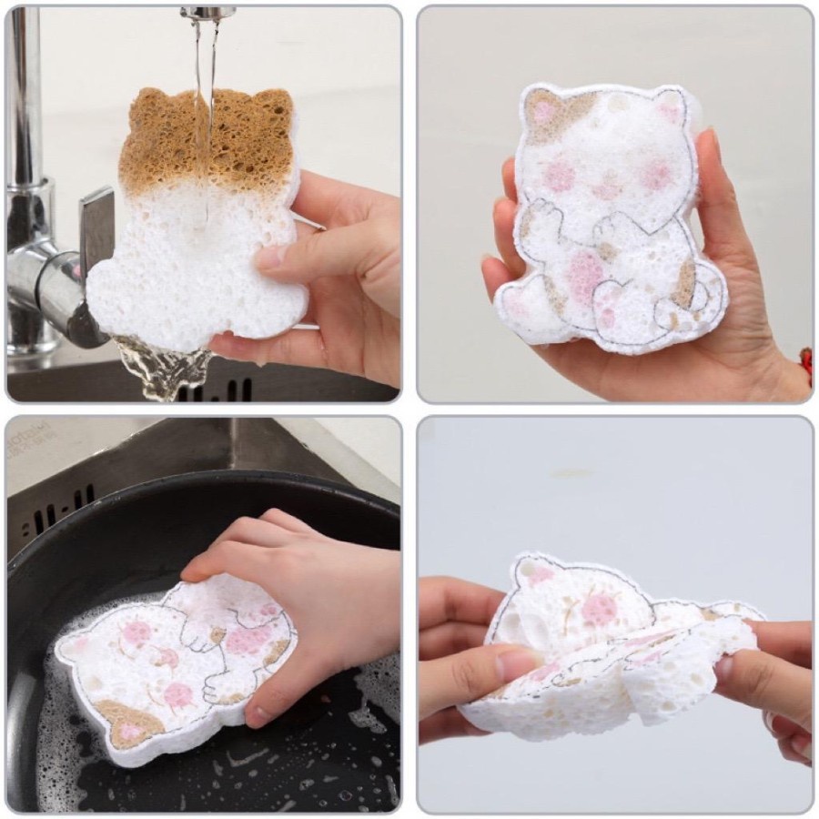 Spon  Busa Cuci Piring Pulp Wood Sponge Cute Magic Dish Wash Kitchen Sponge Spon Karakter Ajaib