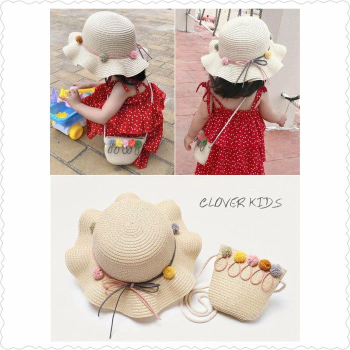 Topi Pantai Anak  Tas Jerami Rajut Korea Import 1 Set  Straw Hat