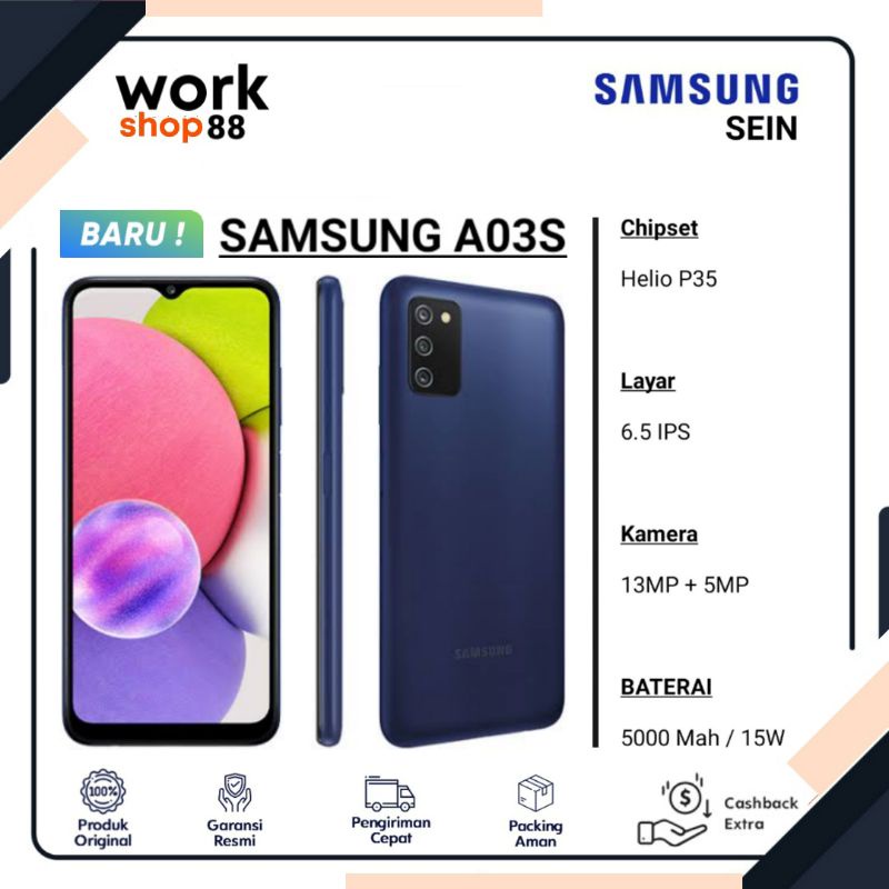 HP Terbaru Samsung Galaxy A03s Ram 4GB + Rom 64GB - New Original Garansi Resmi SEIN - Triple 3 Camera Kamera - Produk Warna Baru White Black Blue Biru Hitam Putih - A03 s 3/32 4/64 3GB 32GB 3 4 32 64 GB - Promo Murah Harga Diskon