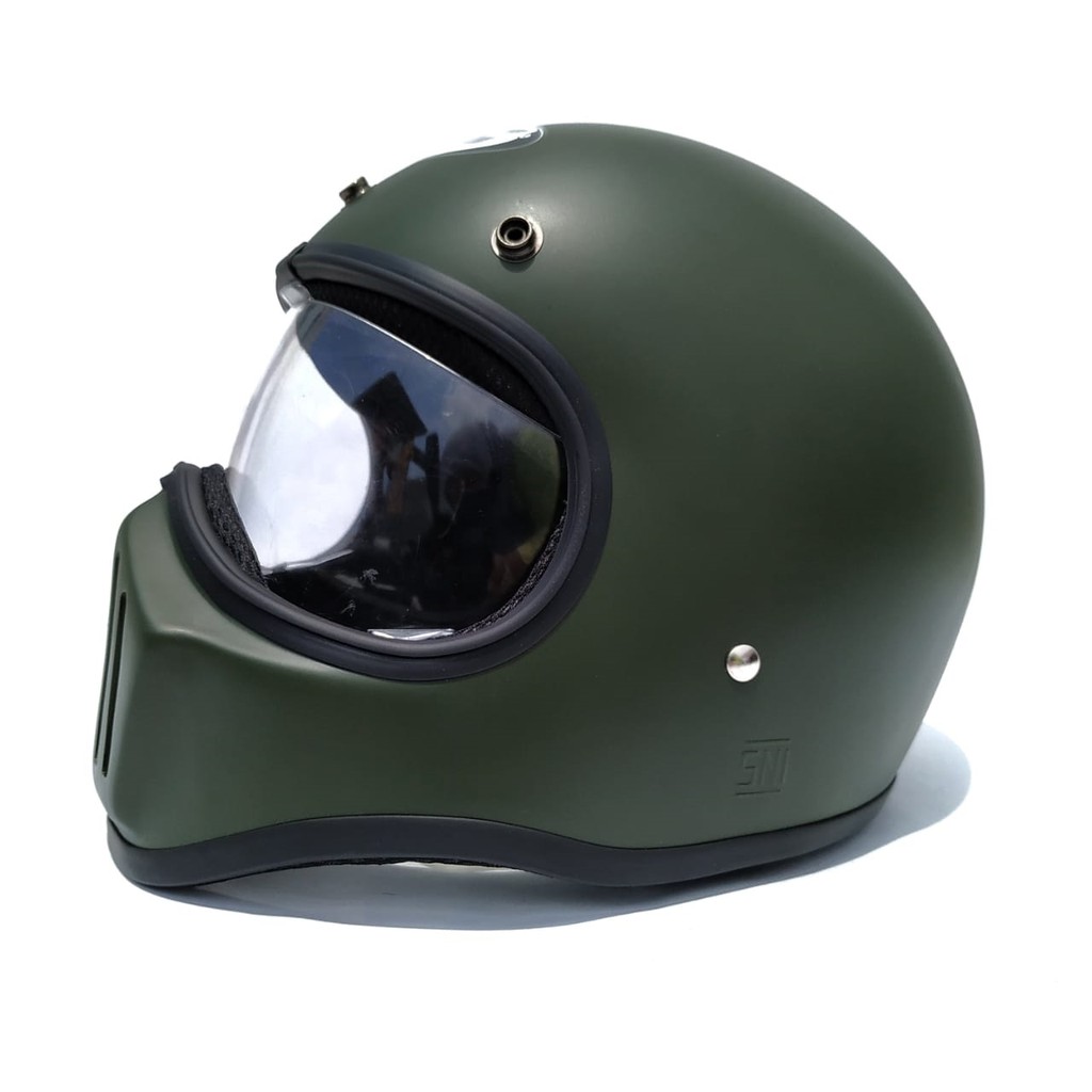 Helm Cakil HBC Green Army Doff + Inner Visor ( Fullface / Retro / Klasik / Vespa )