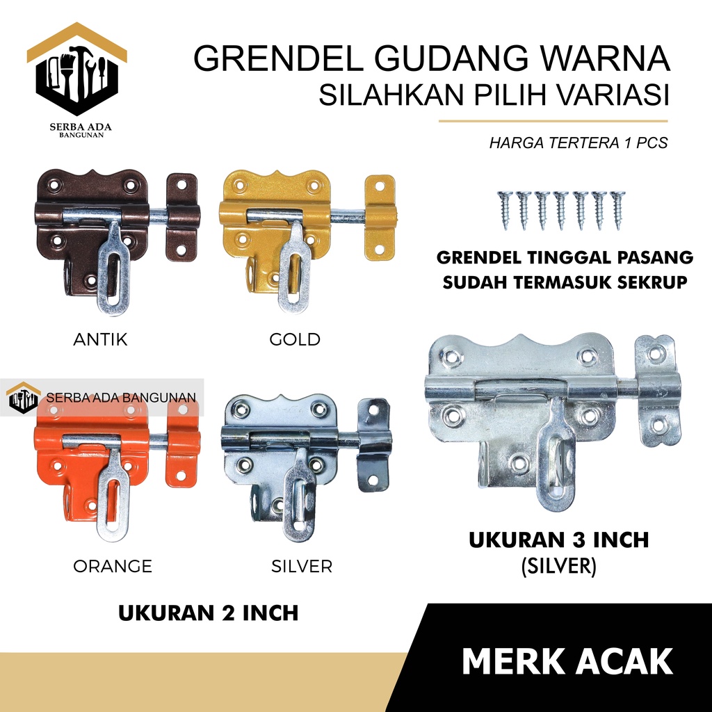 Slot Pintu Gudang 2 Inci l Grendel Overpal Jendela l Barrel Bolt WARNA WARNI GUDANG KUAT ANTI KARAT