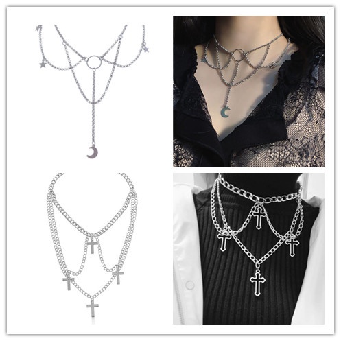 Kalung Choker Rantai Banyak Lapis Dengan Liontin Salib Bulan Gaya Punk Gothic Untuk Wanita