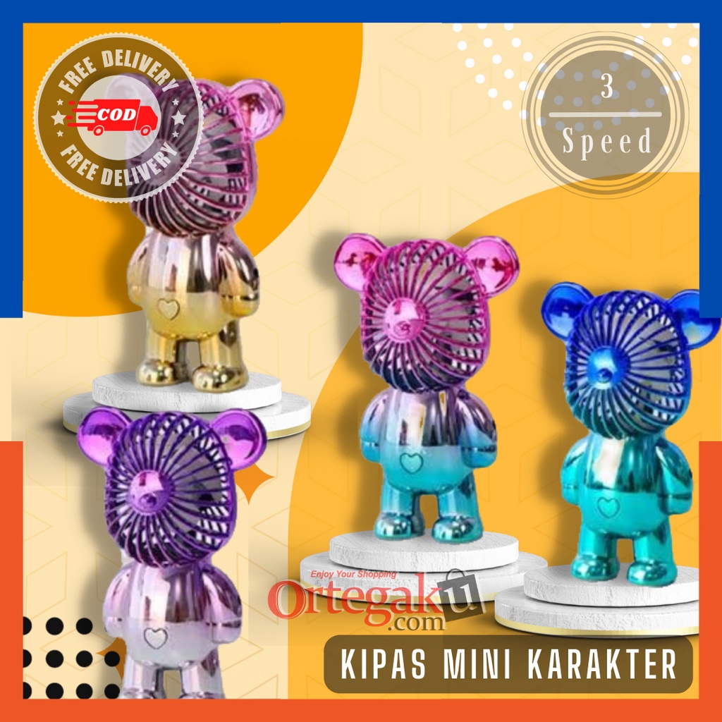 KIPAS ANGIN MINI PORTABLE KARAKTER BERUANG TERMURAH | KIPAS MEJA CAS USB VIRAL GENGGAM BEARBICK WARN