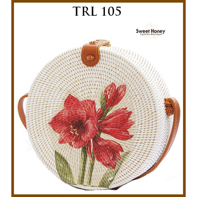 Sweet Honey ~ Grosir Tas Rotan Bulat Selempang Lukis Deco Motif Bunga Tulip Flower TRL105 Diameter 20cm