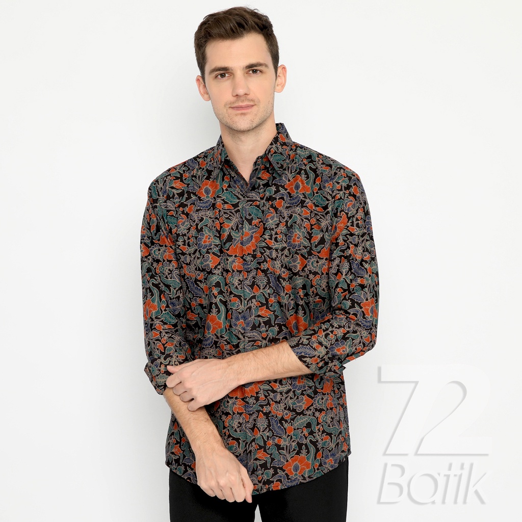 BATIK COUPLE KELUARGA  Kemeja Rok Lilit Instan Batik Pria Lengan Panjang Slimfit Premium Hitam Orange 729732 Cap 72 - Baju Kemeja Atasan Pakaian Batik Couple Cople Pria Cowok Laki Laki Remaja Keluarga Lengan Panjang Modern Slimfit Premium Kekinian