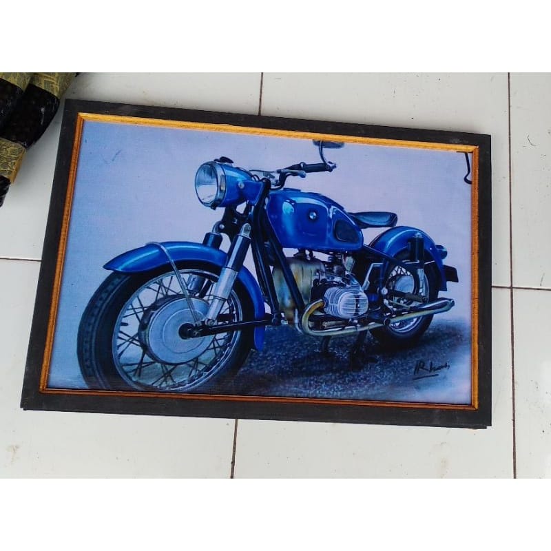 Lukisan murah poster murah hiasan dinding gambar motor cb klasik plus bingkai ukuran 65×45