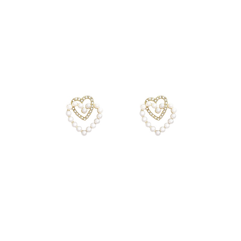 Anting Stud Bentuk Hati Aksen Mutiara Dan Berlian Gaya Vintage Untuk Wanita