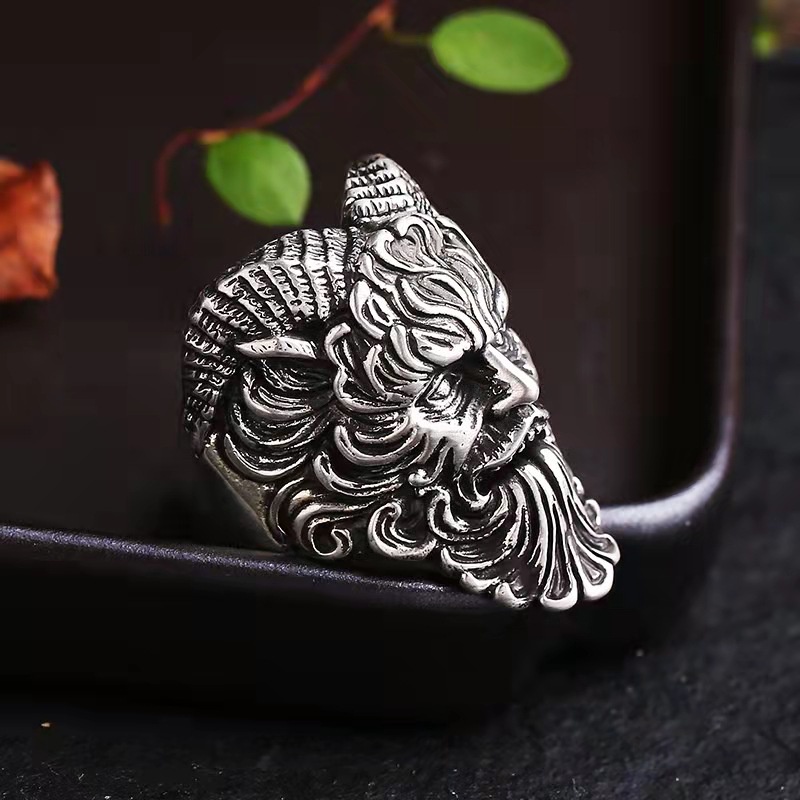 Cincin Jari Telunjuk Desain Tanduk Kambing Besar Gaya retro Untuk Pria