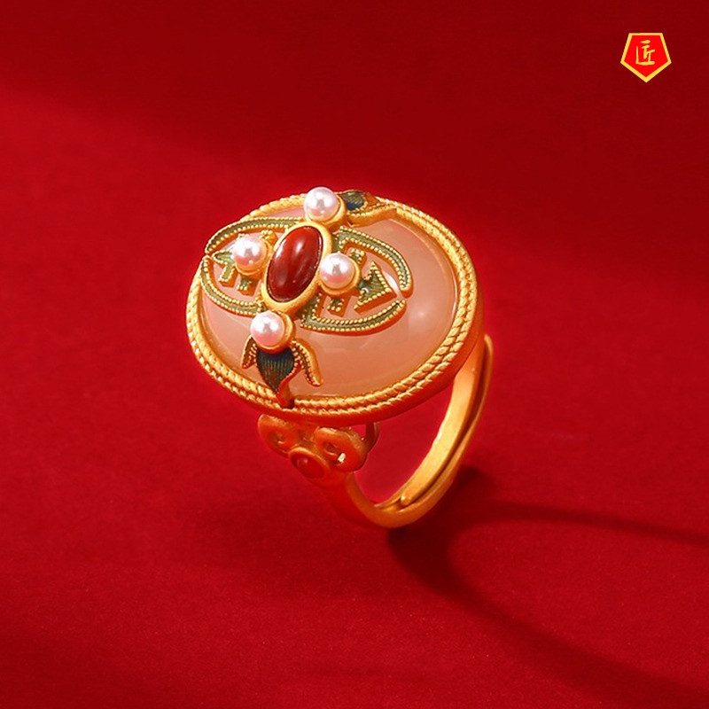 [Ready Stock]Hetian Jade Gold Ring Retro Elegant