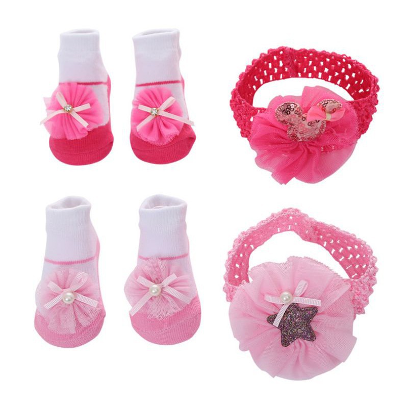 Set Kaos Kaki dan Bandana Bayi Perempuan Newborn Baru Lahir - Bando Rambut