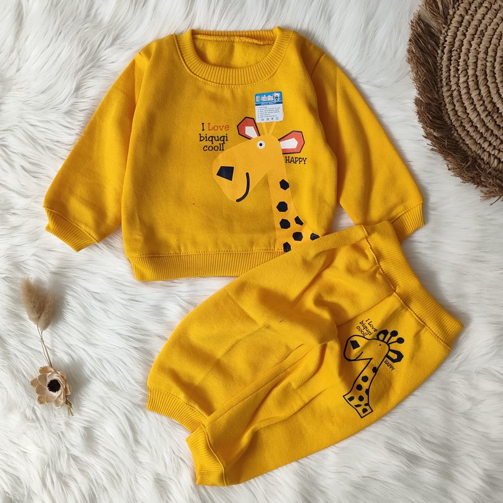 Setelan sweater bayi murah motif jerapah / Setelan bayi murah / Baju hangat bayi fleece tebal