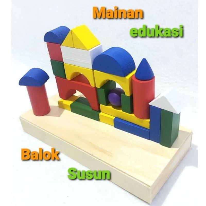 Mainan edukasi anak balok kayu aneka bentuk wooden block balok/City Blok Kayu