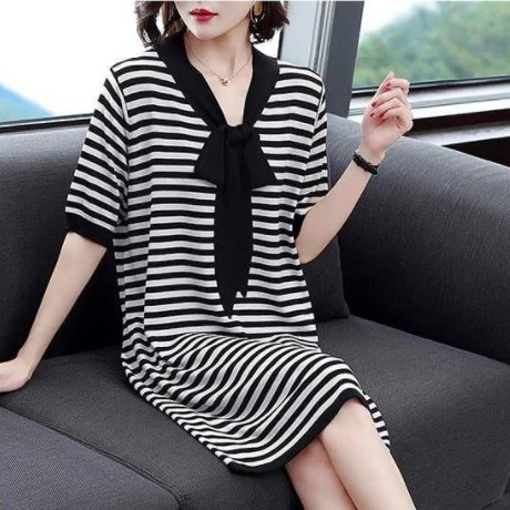 Dress Lengan Pendek A-line Bergaris Fashion Minimalis gaun