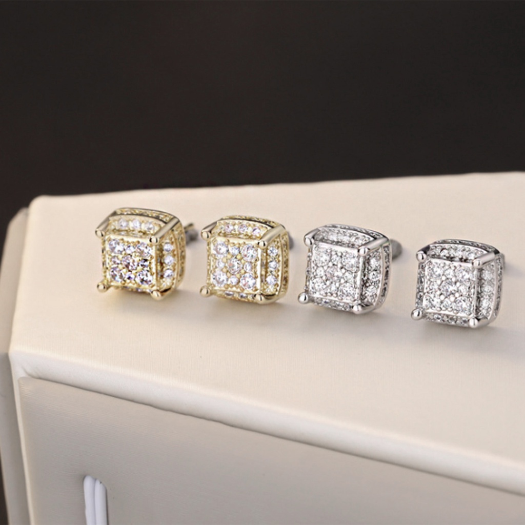 Hu Hu Hu Hu Hu Alat Bantu Pasang Kacamata♡ 1 Pasang Anting Stud Tindik Bentuk Persegi Bahan Alloy Hias Kubik Zirkonia Untuk Harian