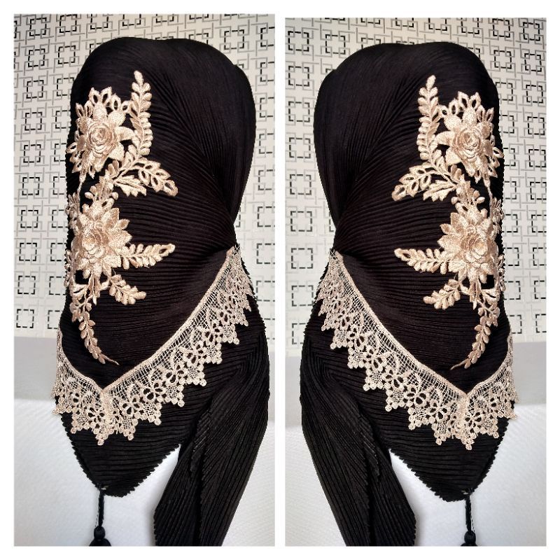 KERUDUNG SEGIEMPAT PLISKET RENDA BORDIR TIMBUL/HIJAB SEGIEMPAT PLISKET RENDA BORDIR TIMBUL