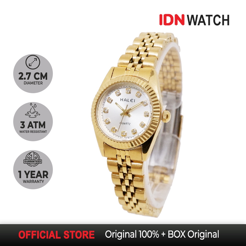 Halei Jam Tangan Analog Wanita Mewah Permata Gold Elegant Anti Karat Garansi Haleiwatch Original 356