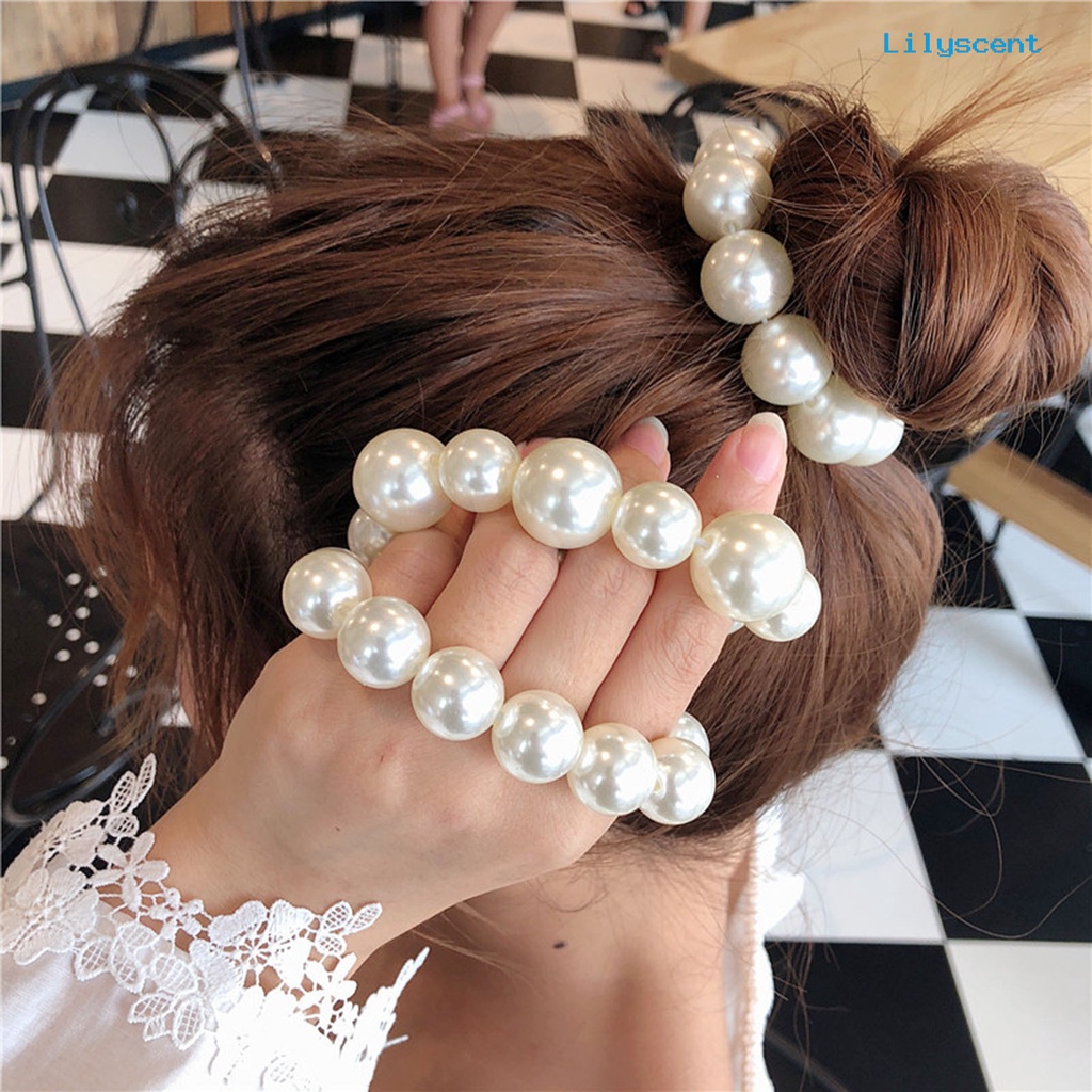 Ls Ikat Rambut Elastis Bahan Resin Hias Mutiara Imitasi Besar Warna Putih Untuk Wanita