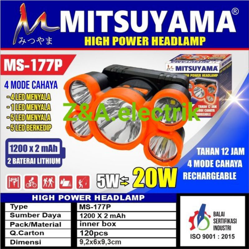 Senter kepala MITSUYAMA MS-177P 4 Mode 5LED High Power Headlamp