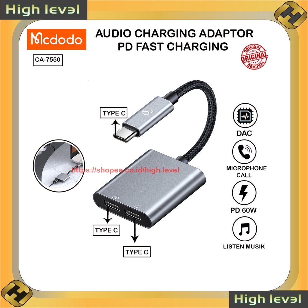 MCDODO CA-7550 CONVERTER SPLITTER TYPE C TO DUAL TYPE C CHARGING, AUDIO, CALL, FAST CHARGING 18W