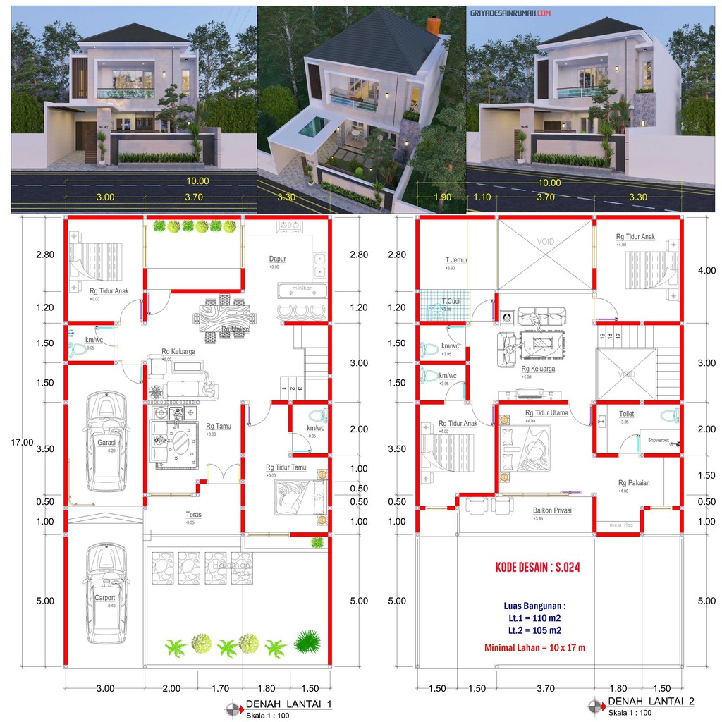 Jual Desain Rumah Mewah 2 Lantai Ukuran 10x17 Meter 5 Kamar Tidur | Shopee Indonesia - Denah Rumah Minimalis 8x15 2 Lantai