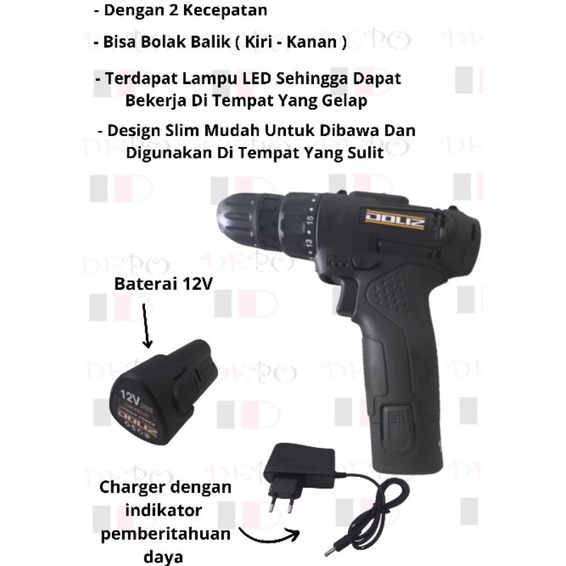 Doliz Cordless 10 mm Drill 12 Volt / Doliz Mesin Bor Cordless / Bor Cordless 12 V