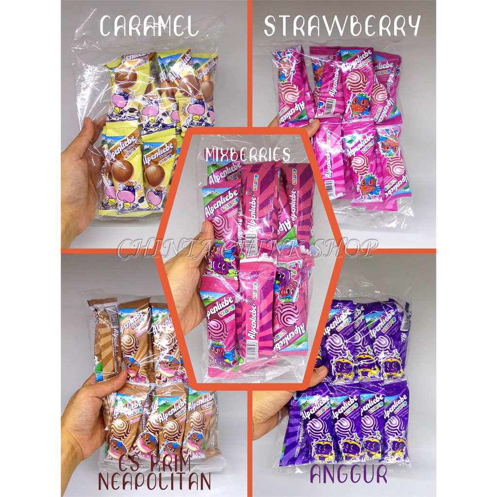 

Alpenliebe Permen Lollipop Rasa Caramel, Strawberry, Anggur, Mix Berries Renceng Isi 12pcs