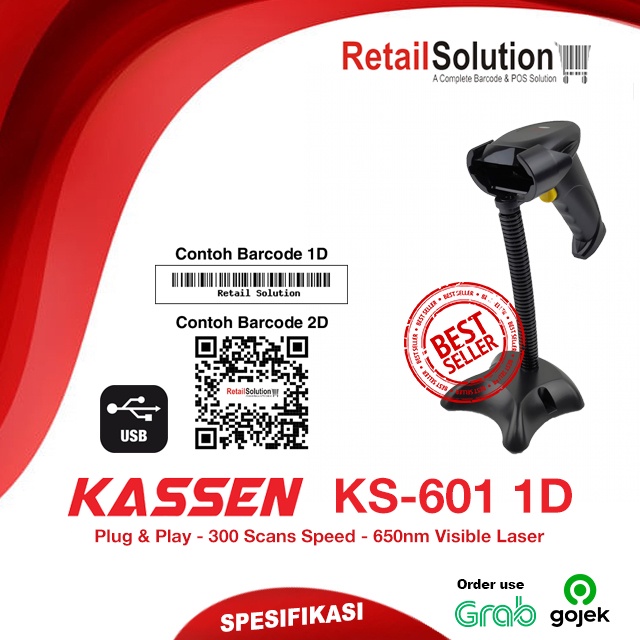 Barcode Scanner 1D Handheld Laser Auto Scan - Kassen KS601 / KS-601