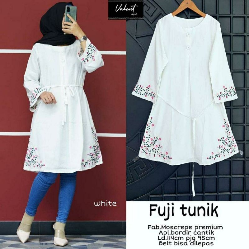 Fuji Tunik, TUNIK WANITA MUSLIM CANTIK FIT XXL LD 114 BAHAN MOSCREPE PREMIUM MIX BORDIR TERMURAH OOTD TERLARIS