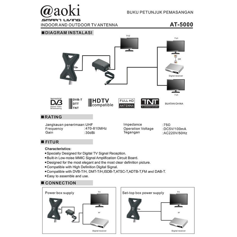 Antena TV Digital Analog Dalam ( Indoor ) / Luar ( Outdoor ) DVB-T2 Booster AOKI AT-5000